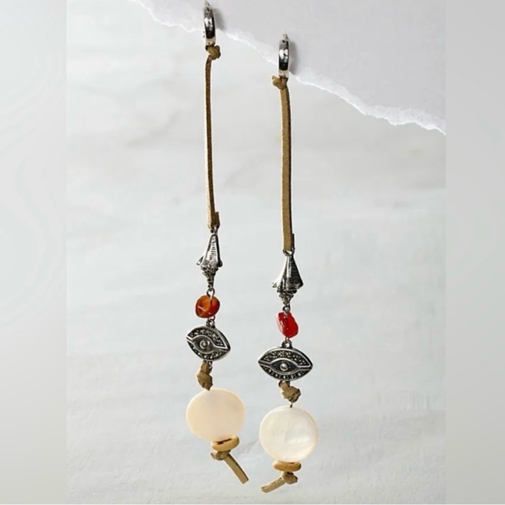 NWT Free People Treasure Dangles Earrings Cream Mother of Pearl Evil Eye